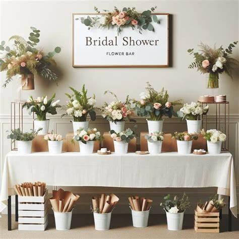 Flower bar table with white buckets of flowers for a bridal shower